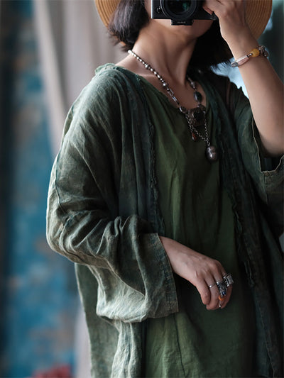 Women Summer Retro Worn Raw-edge Ramie Shirt Coat