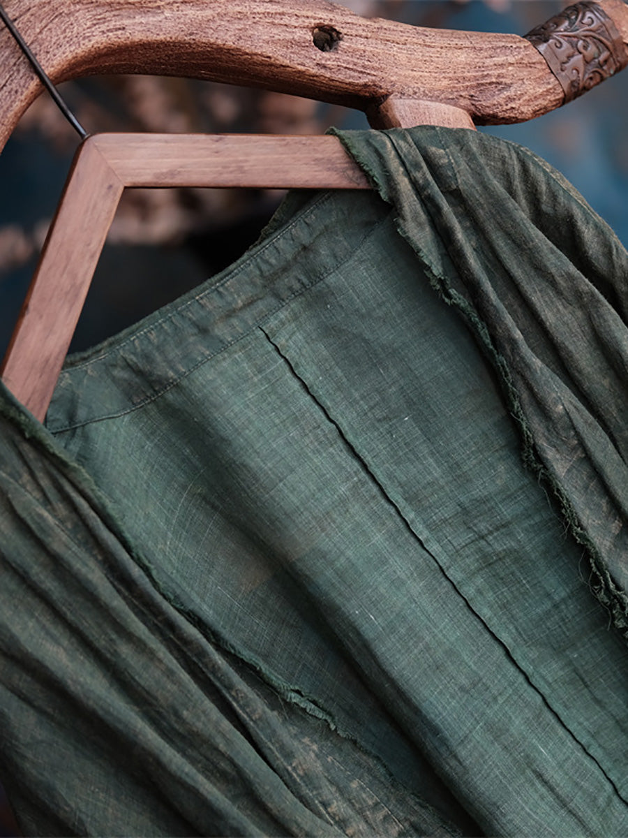 Women Summer Retro Worn Raw-edge Ramie Shirt Coat