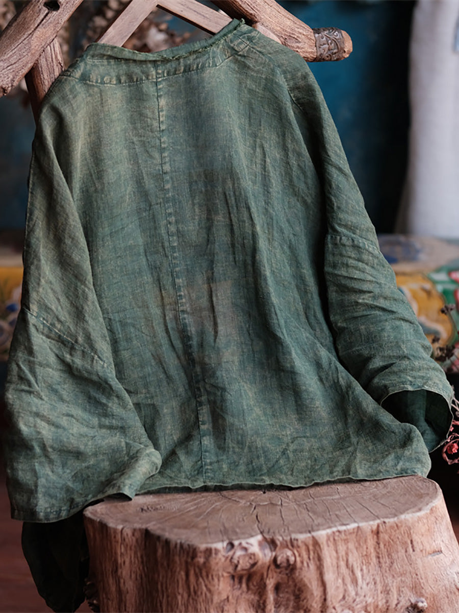 Women Summer Retro Worn Raw-edge Ramie Shirt Coat