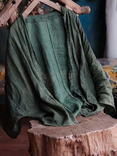 Women Summer Retro Worn Raw-edge Ramie Shirt Coat