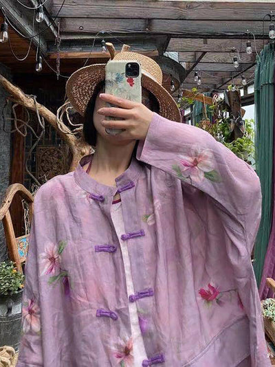Women Summer Vintage Flower Button-up Ramie Shirt Coat