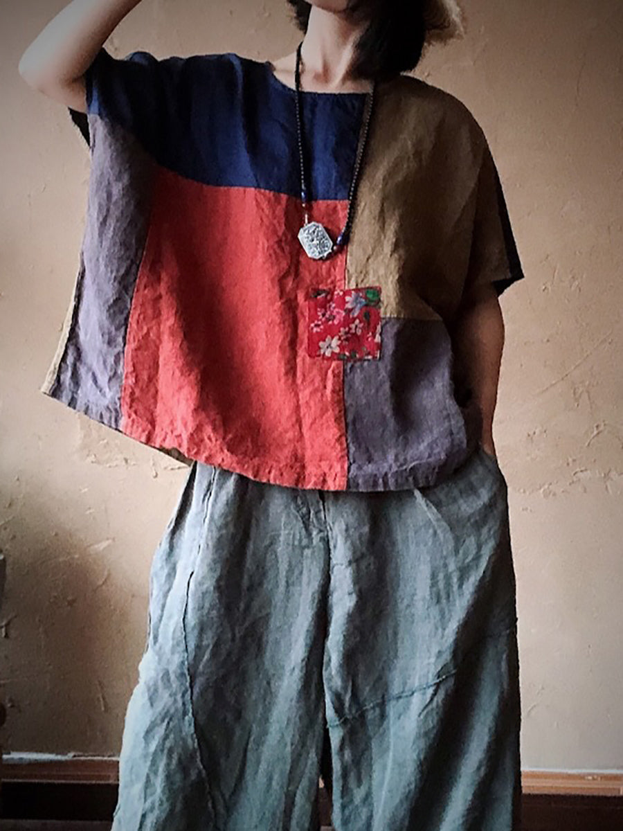 Women Summer Vintage Patch Spliced Linen Shirt