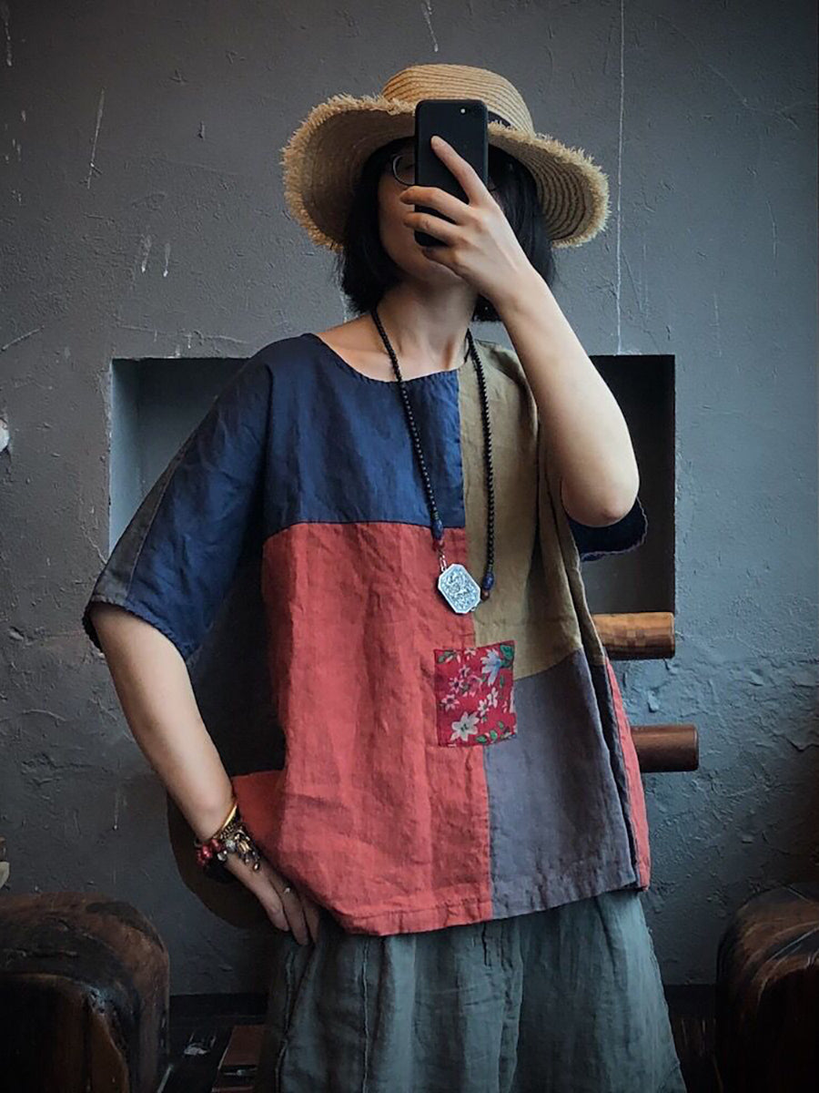Women Summer Vintage Patch Spliced Linen Shirt
