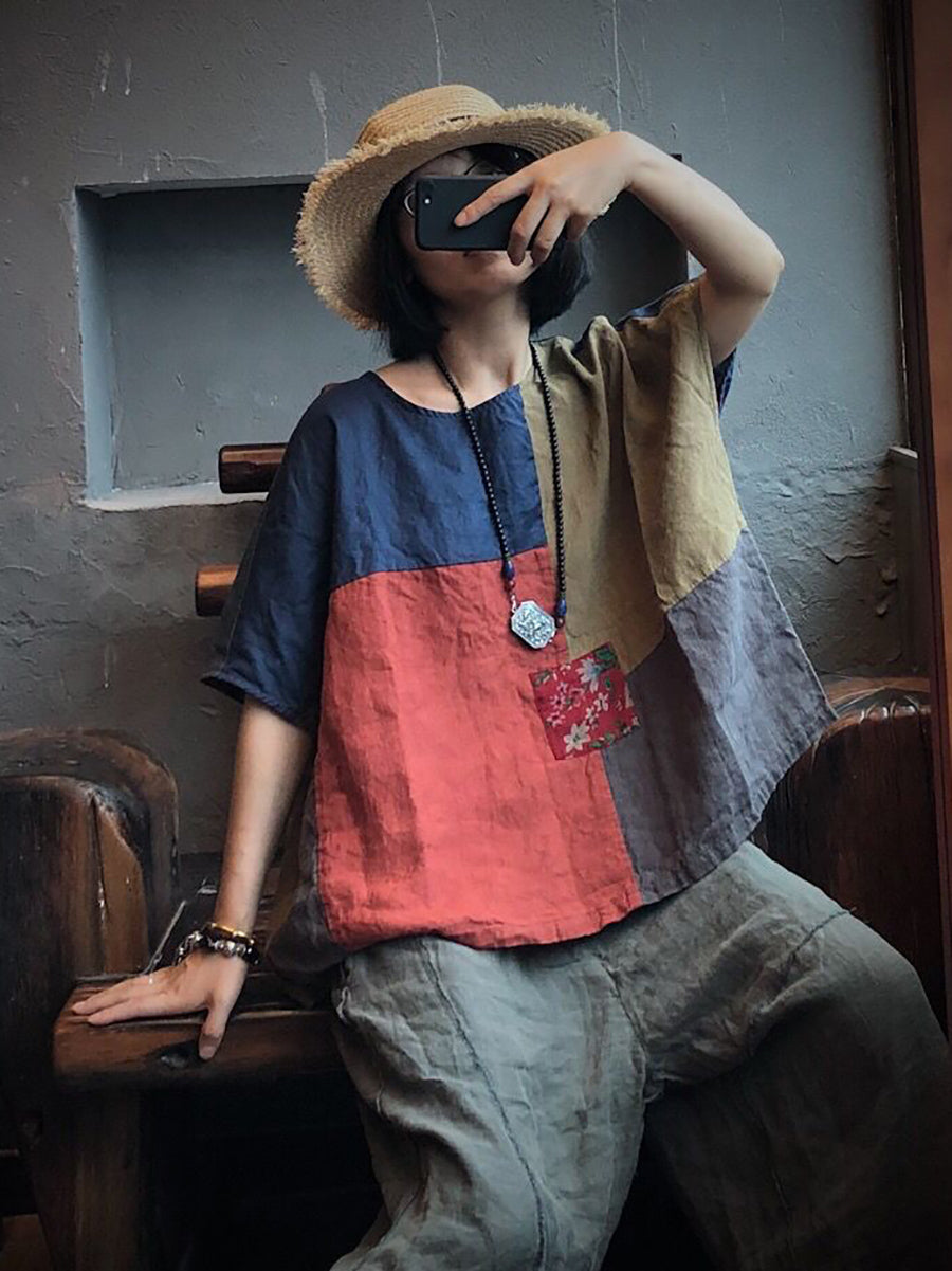 Women Summer Vintage Patch Spliced Linen Shirt