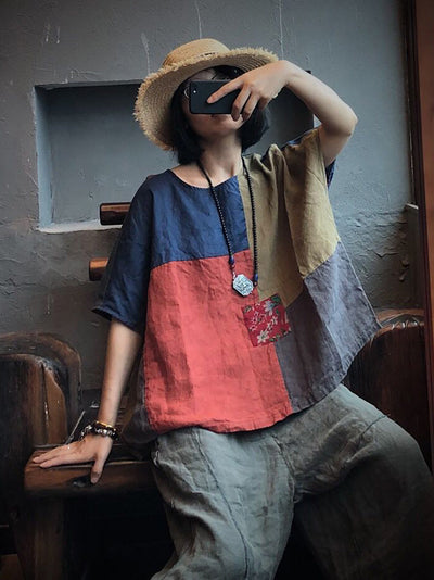 Women Summer Vintage Patch Spliced Linen Shirt