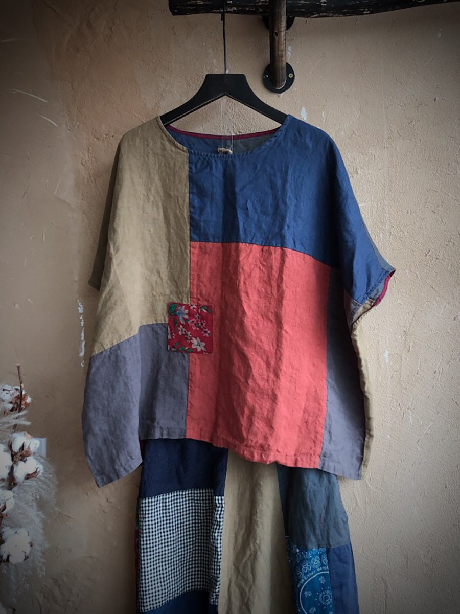 Women Summer Vintage Patch Spliced Linen Shirt