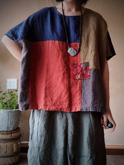 Women Summer Vintage Patch Spliced Linen Shirt