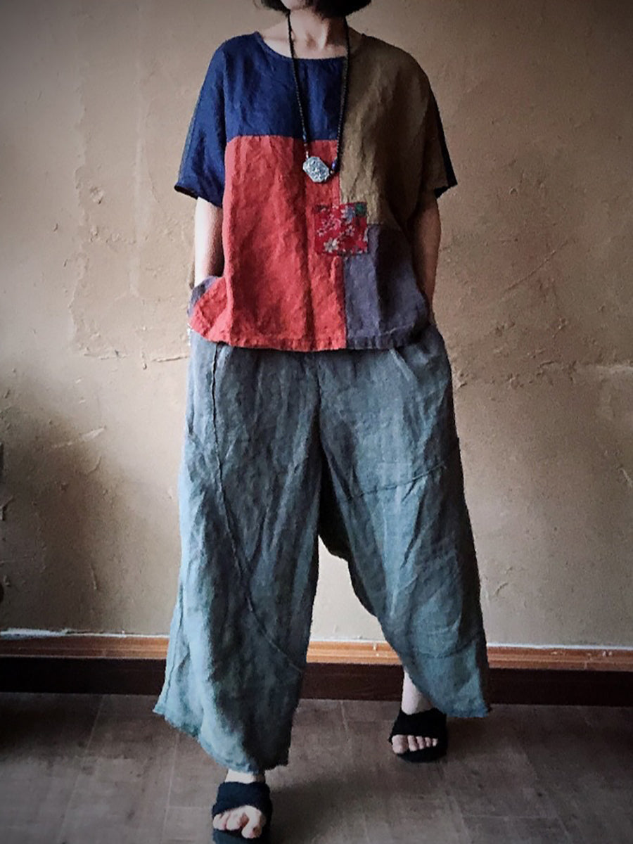 Women Summer Vintage Patch Spliced Linen Shirt