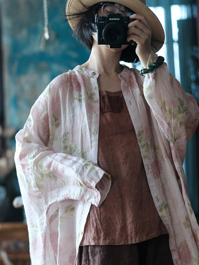 Women Summer Vintage Flower Thin Long Ramie Shirt