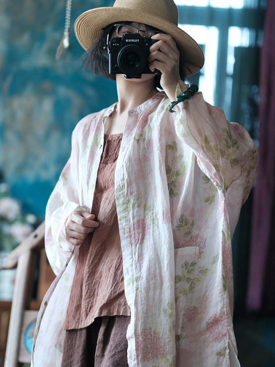 Women Summer Vintage Flower Thin Long Ramie Shirt