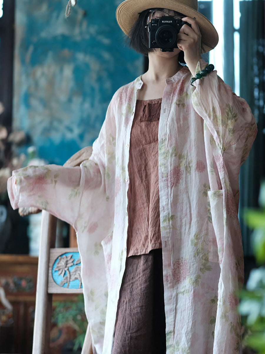 Women Summer Vintage Flower Thin Long Ramie Shirt