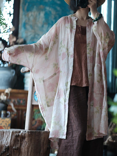 Women Summer Vintage Flower Thin Long Ramie Shirt
