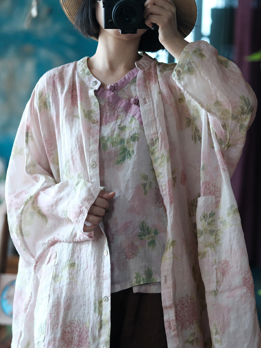Women Summer Vintage Flower Thin Long Ramie Shirt