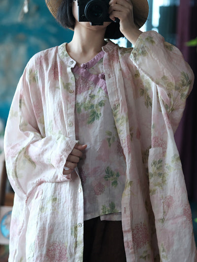 Women Summer Vintage Flower Thin Long Ramie Shirt