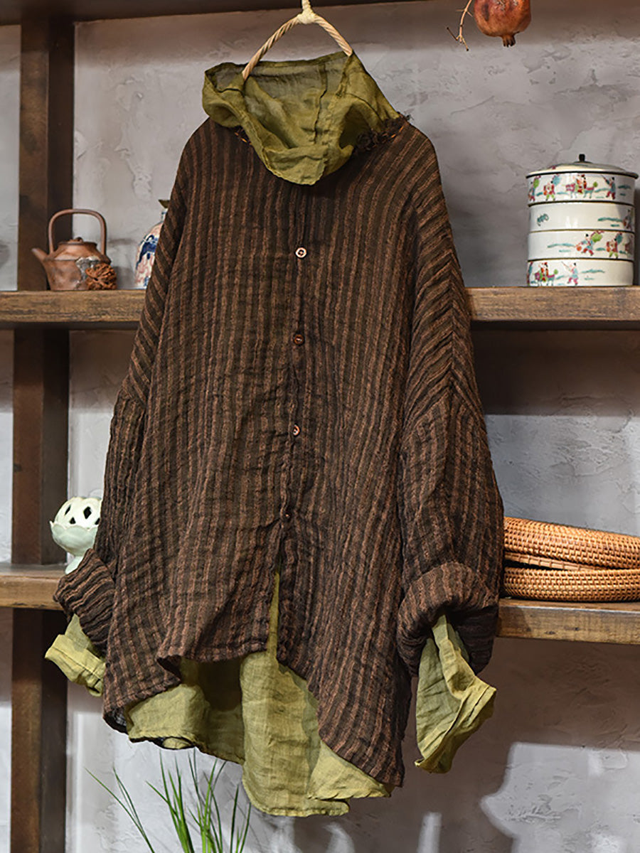 Plus Size Women Autumn Vintage Stripe Raw-edge Linen Shirt