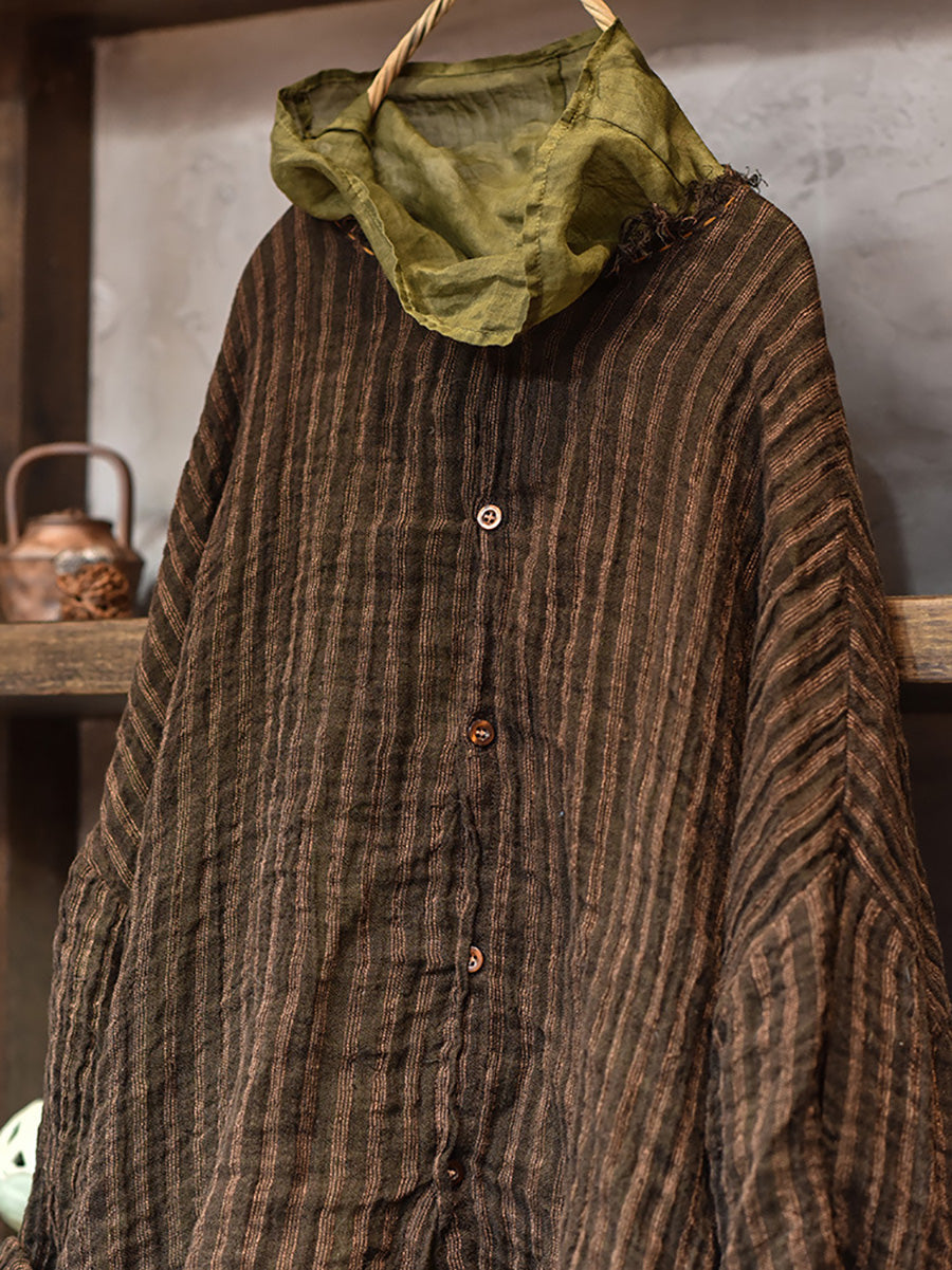 Plus Size Women Autumn Vintage Stripe Raw-edge Linen Shirt