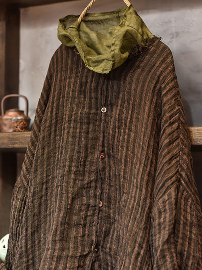 Plus Size Women Autumn Vintage Stripe Raw-edge Linen Shirt