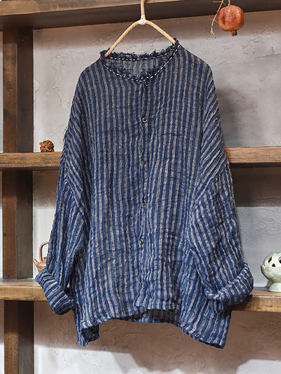 Plus Size Women Autumn Vintage Stripe Raw-edge Linen Shirt