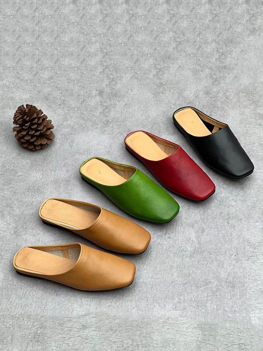 Women Summer Casual Solid Soft Genuine Leather Slippers