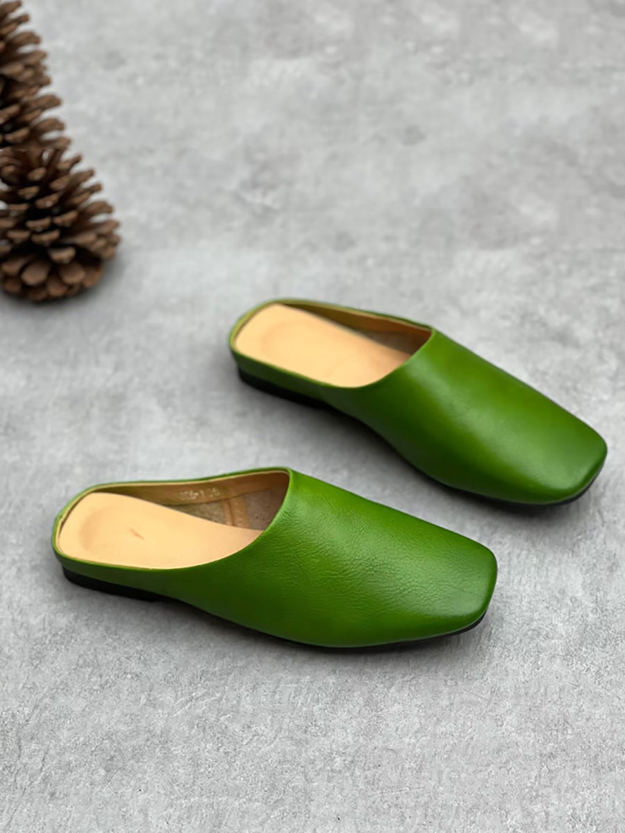 Women Summer Casual Solid Soft Genuine Leather Slippers