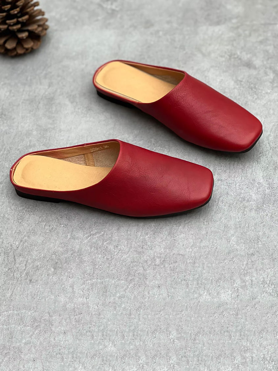 Women Summer Casual Solid Soft Genuine Leather Slippers