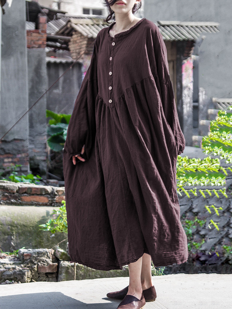 Plus Size Women Vintage Pure Color Loose Cotton Linen Dress