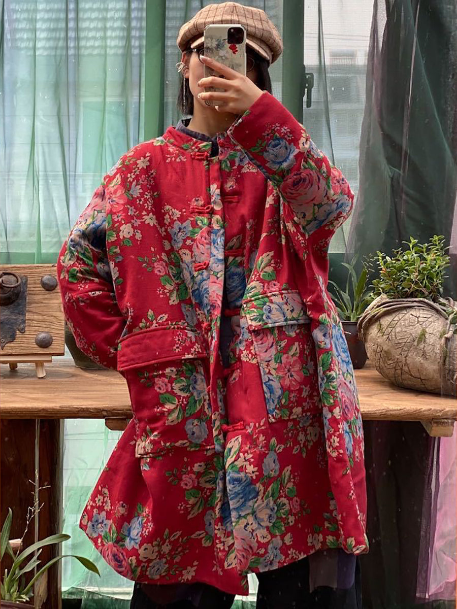 Plus  Size Women Winter Vintage Flower Pocket Button Cotton Coat