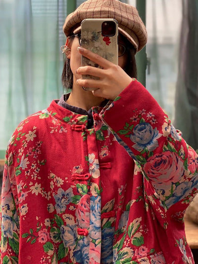 Plus  Size Women Winter Vintage Flower Pocket Button Cotton Coat