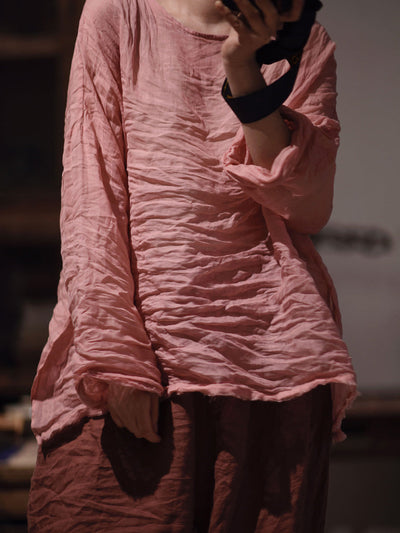 Women Autumn Solid Vintage O-Neck Ramie Blouse