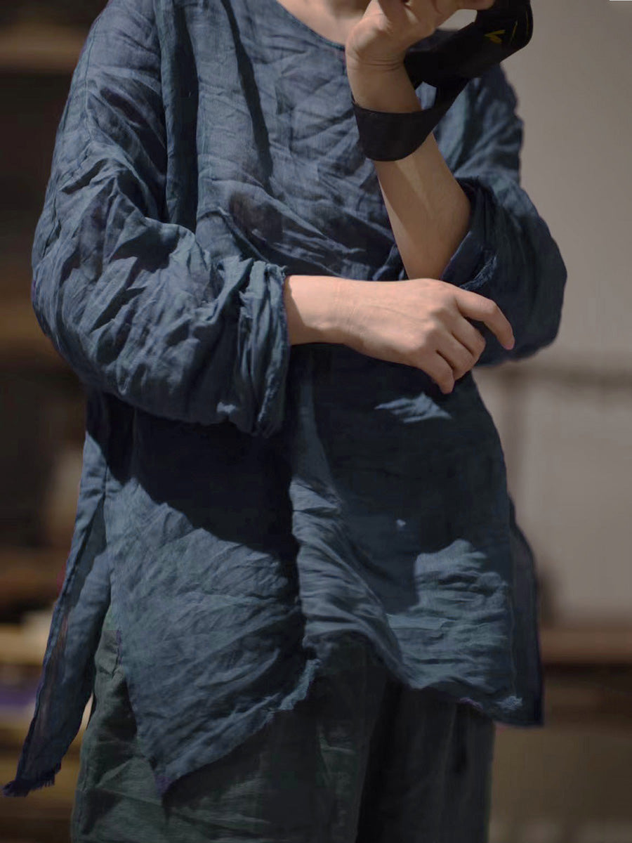 Women Autumn Solid Vintage O-Neck Ramie Blouse