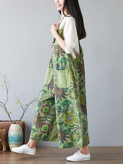 Women Artsy Flower Colorblock Loose Denim Jumpsuits