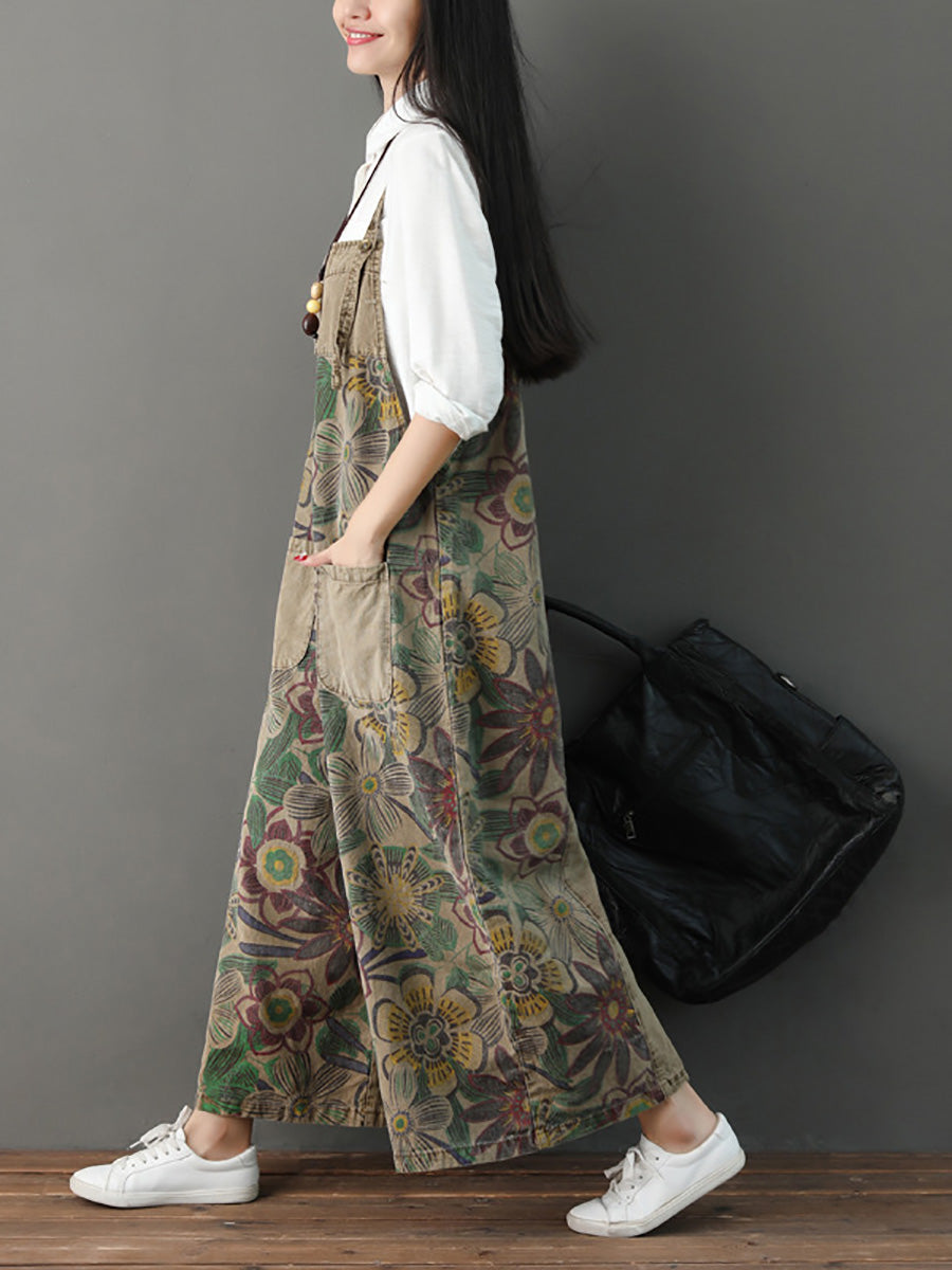 Women Artsy Flower Colorblock Loose Denim Jumpsuits