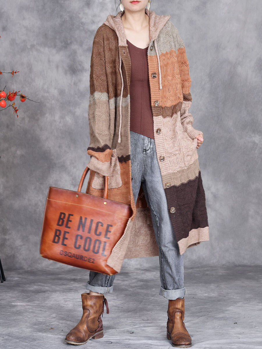 Women Autumn Colorblock Knitted Hooded Sweater Long Coat