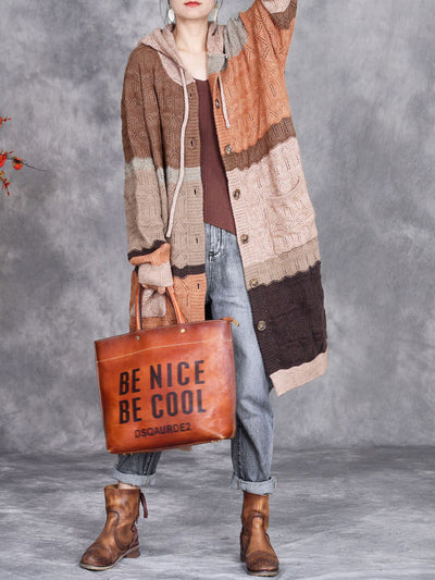 Women Autumn Colorblock Knitted Hooded Sweater Long Coat