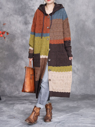 Women Autumn Colorblock Knitted Hooded Sweater Long Coat