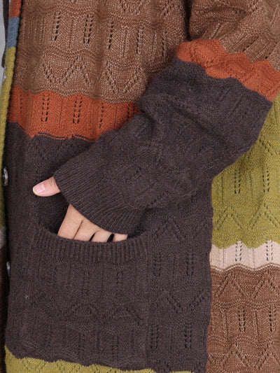 Women Autumn Colorblock Knitted Hooded Sweater Long Coat