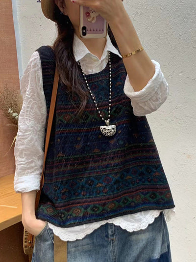 Plus Size Women Autumn Artsy Colorblock Knit O-Neck Vest