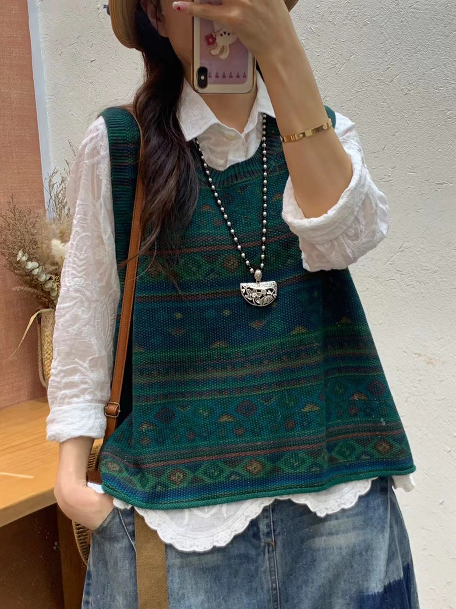 Plus Size Women Autumn Artsy Colorblock Knit O-Neck Vest
