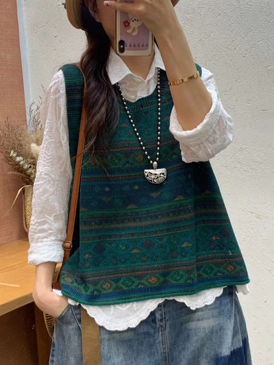 Plus Size Women Autumn Artsy Colorblock Knit O-Neck Vest