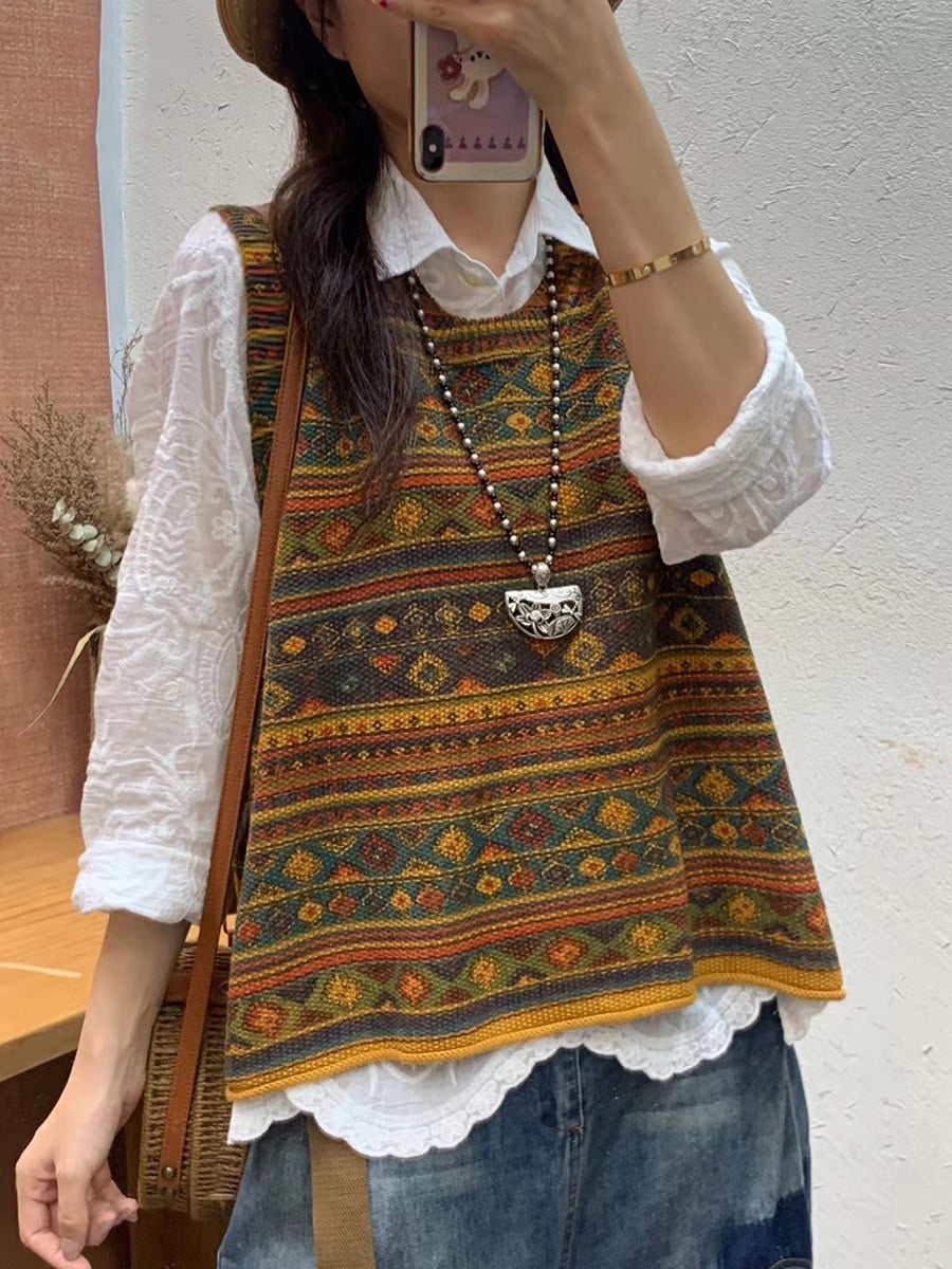 Plus Size Women Autumn Artsy Colorblock Knit O-Neck Vest