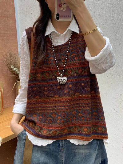 Plus Size Women Autumn Artsy Colorblock Knit O-Neck Vest