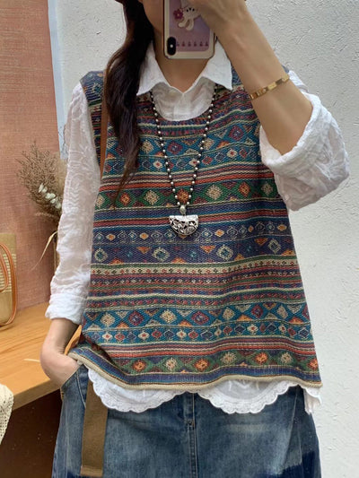 Plus Size Women Autumn Artsy Colorblock Knit O-Neck Vest