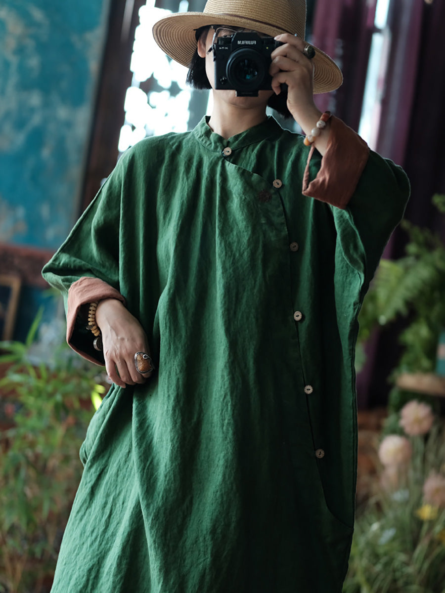 Women Autumn Vintage Solid Stand Collar Linen Robe Dress