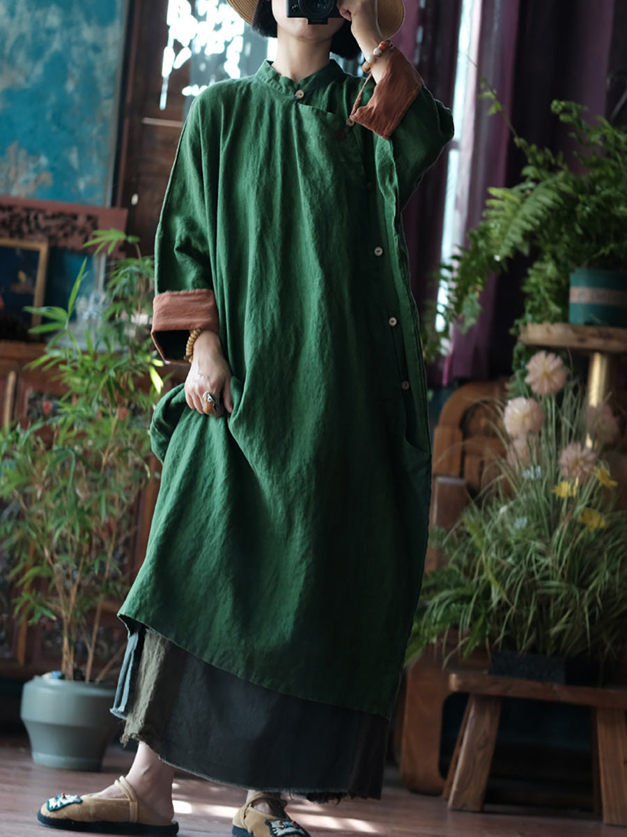 Women Autumn Vintage Solid Stand Collar Linen Robe Dress