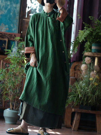 Women Autumn Vintage Solid Stand Collar Linen Robe Dress