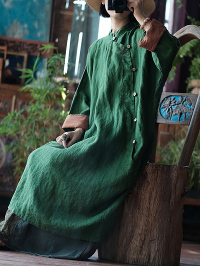 Women Autumn Vintage Solid Stand Collar Linen Robe Dress