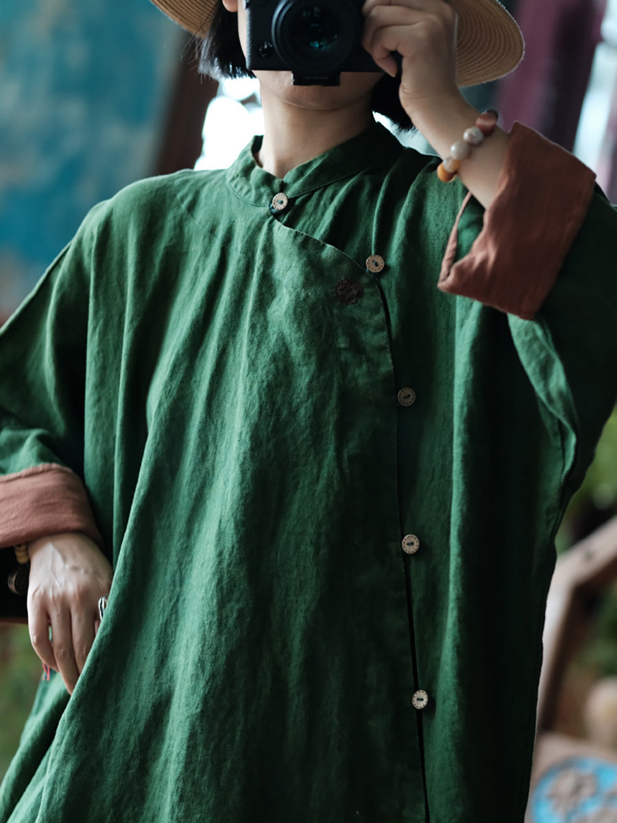 Women Autumn Vintage Solid Stand Collar Linen Robe Dress