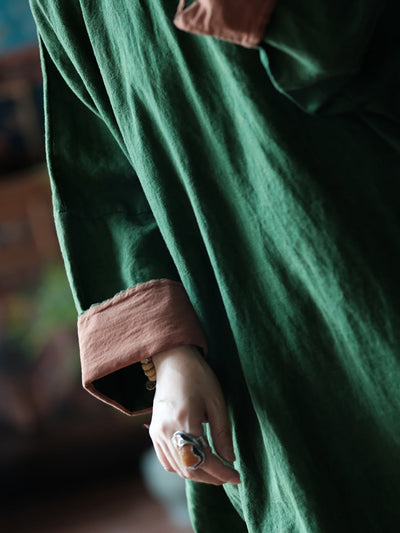 Women Autumn Vintage Solid Stand Collar Linen Robe Dress
