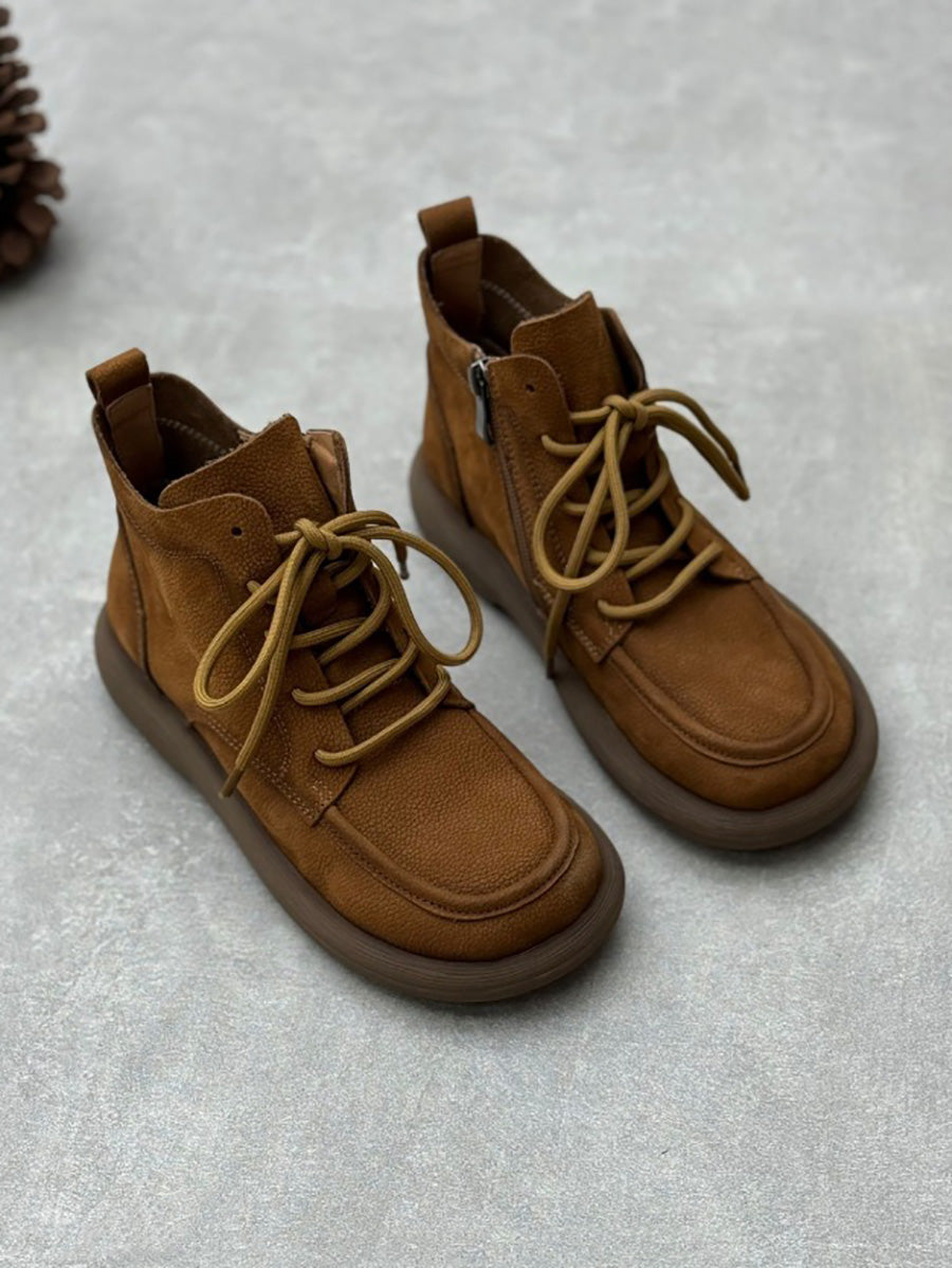 Women Winter Genuine Leather Strap Zipper Flat Boots