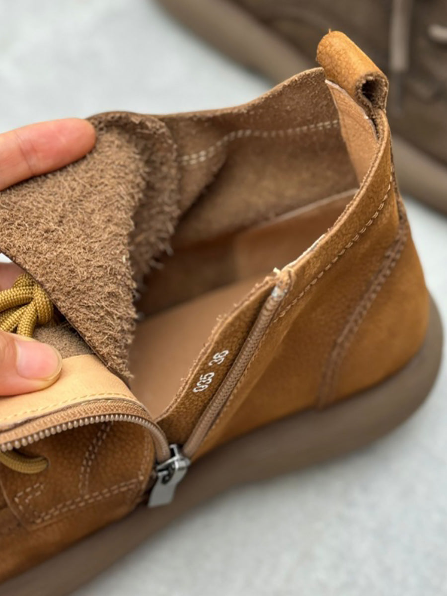 Women Winter Genuine Leather Strap Zipper Flat Boots